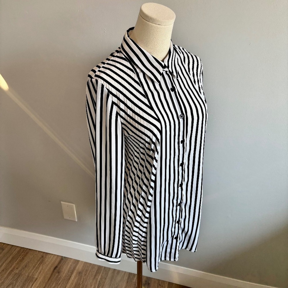 Bianca Nygard, Women's Pleated Black & White Striped, Button Down Tunic, SZ S